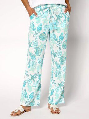 Belle Beach Kim Gravel Sz XXS Coastal Shell Print Beach Pants Turquoise